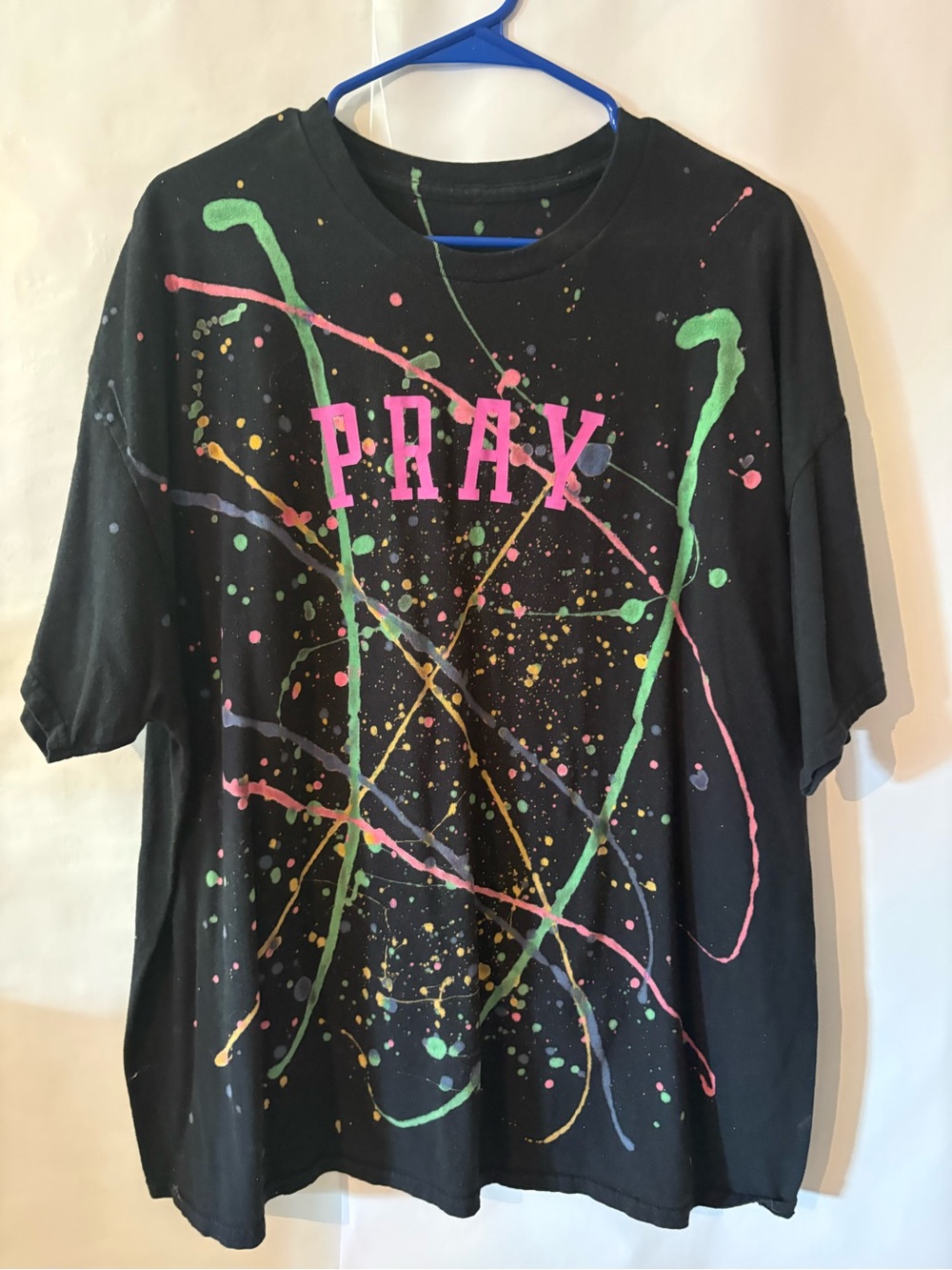 Gildan Black Tee with Neon Paint-Splatter & Pink PRAY Lettering